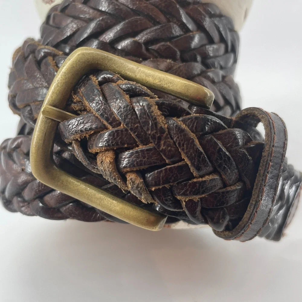 Vtg Braided Genuine Leather Belt XL 42-44 Brown Woven Brass Buckle‎ Boho Skinny